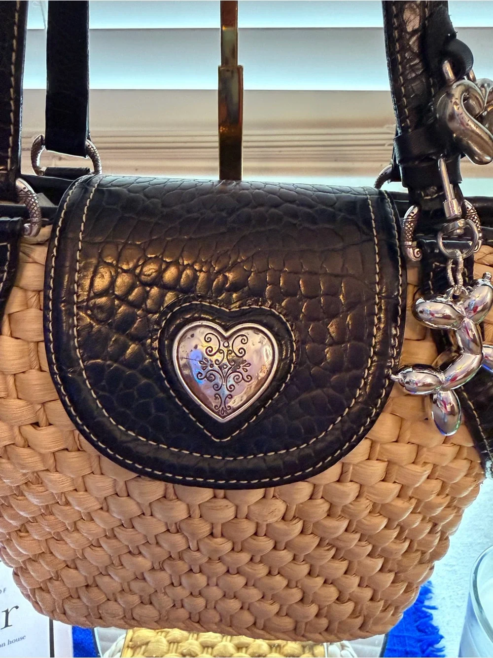 Brighton brand Woven Shoulder Tote with Black Trim and Heart Charm - Picture 8 of 15